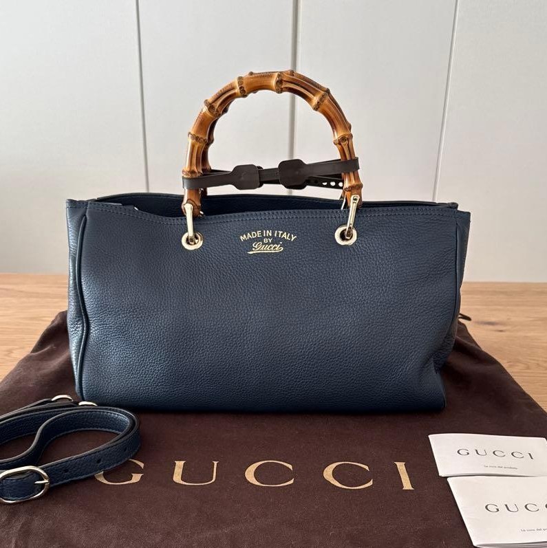 Near Mint GUCCI Bamboo Shopper Handbag Navy Leather 2way Shoulder
