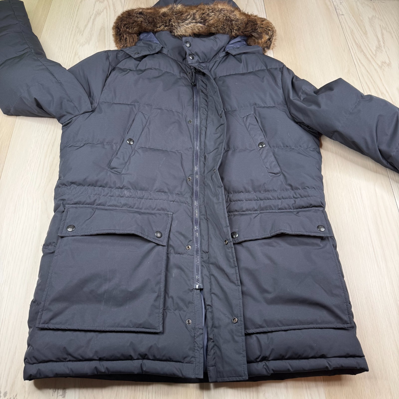 Massimo Dutti Mens Navy Blue Down Feather Fur Trim Hooded Parka Jacket Size XL thumbnail 3