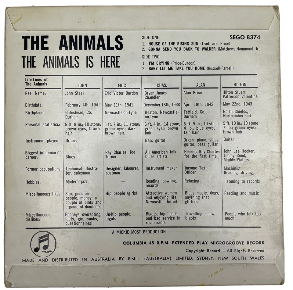 Disco de vinilo The Animals Is Here 7” 45 rpm Ep Sego-8374 Columbia 1964 Foto 4 de 4
