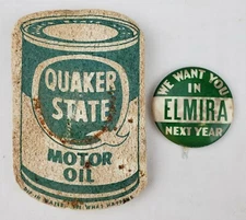 Vintage Quaker State Motor Oil Advertising Pinback Button & Sponge Elmira NY Gas
