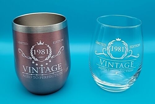 Stemless Stainless Steel Wine Tumbler & Glass "Vintage Aged To Perfection" 1981 - Afbeelding 1 van 5