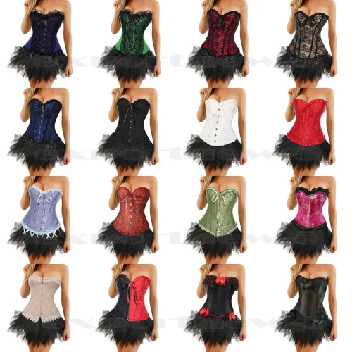 Ladies Lace Strapless Up Burlesque Corset Fancy Dress Costume Overbust Top&Tutu - Picture 1 of 31