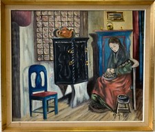 Quadro a Olio Naiv Interno Cucina Con Ragazza Salone Casa Colonica Annata Antico