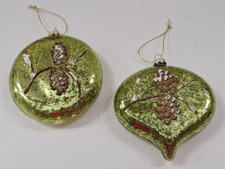 Christmas Set/2 Speckled Green Glass Ornaments w/Glittered Pinecone Branch