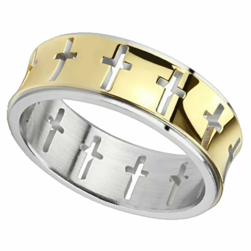 Anillo Cruz Cristiana Oro Acero Inoxidable Banda Promesa 7mm Tallas 9-13 Religioso Foto 2 de 4
