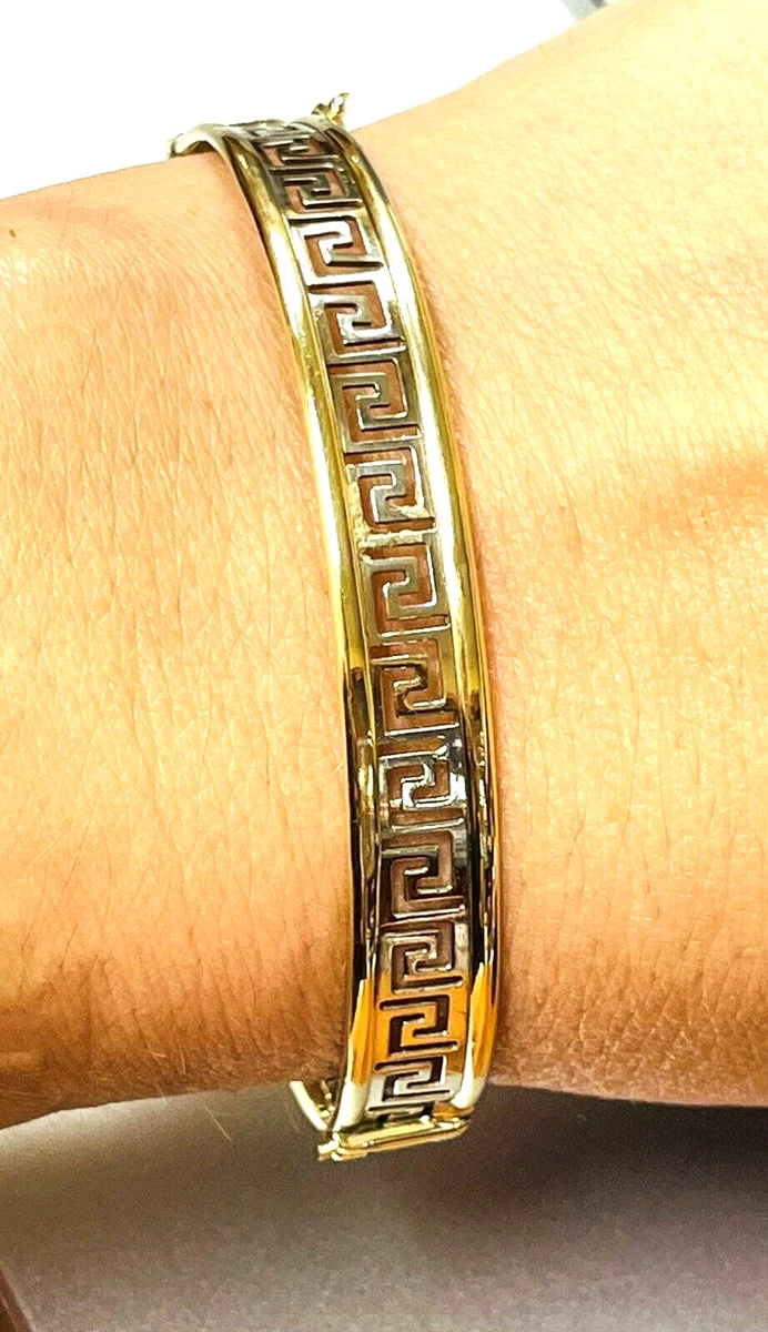 Estate Greek Key Bangle Bracelet in 14K Yellow/White Solid Gold In Size M,  14.6g