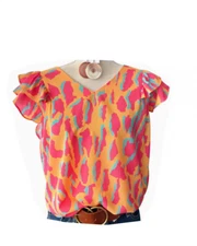 Women's Top Summer Fashion Flower Print Double Layer Flying Short Sleeve Shirt