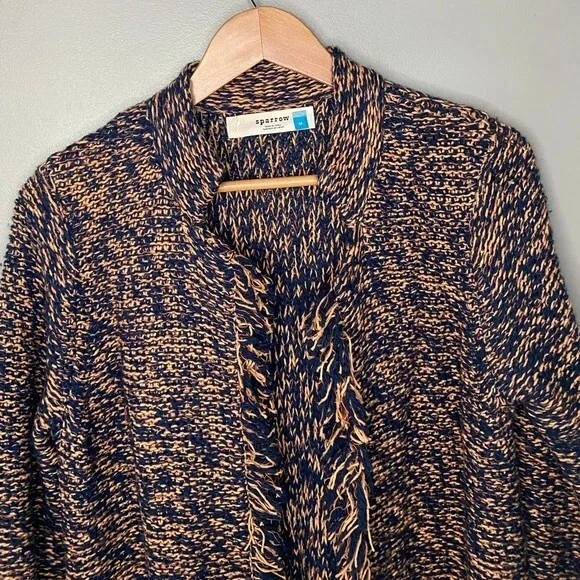 Cárdigan Anthropologie Sparrow para mujer mediano azul/bronceado jaspeado flecos lino lana Foto 4 de 4