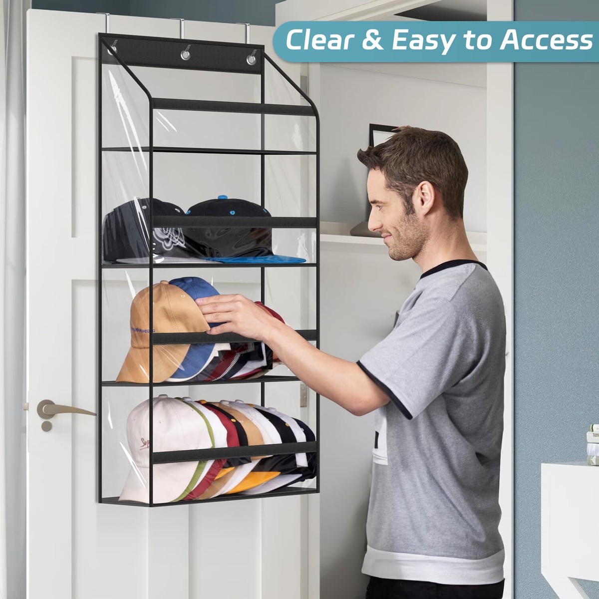 Hat Organizer For Baseball Caps - 4-Pack Storage Box Holds Up To 48 Hats, Collapsible Design With Handles, For Closet Or Bedroom (Light Gray)