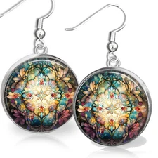 Flower Mandala Earrings Faux Stained Glass Art Print Charm Dangle Sterling Resin