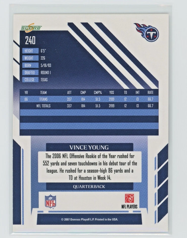 VINCE YOUNG 2007 SCORE SELECT BASE CARD  #240  TENNESSEE TITANS - Image 2 of 2