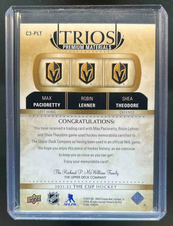 2021-22 The Cup Max Pacioretty Robin Lehner Shea Theodore Trios Gold Patch #2/10 - Image 2 of 2