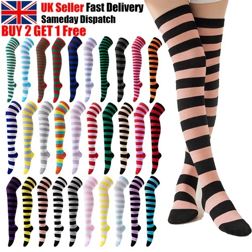 High Over the Knee Socks Long Plain Striped Thigh High OTK Socks UK SIZE 4-6