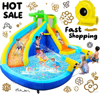 Inflatable Water Slide with Spray Pool, 2 Water Guns, Climbing Wall, Air Blower