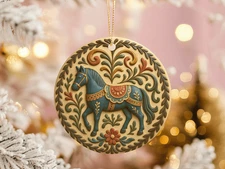 Nordic Folk Art Horse Ceramic Ornament Floral Scandinavian Christmas Decoration