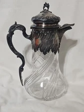 Antique Vtg French Silver Decanter Claret Jug Monogramed JC Silver Over Glass