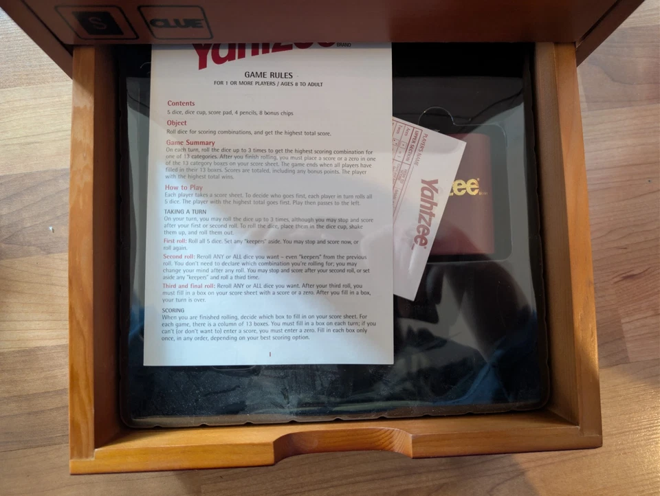 VTG Parker Bros Wooden 3 Drawer Game Box Mahogany Finish Monopoly Clue Scrabble - Image 2 of 4