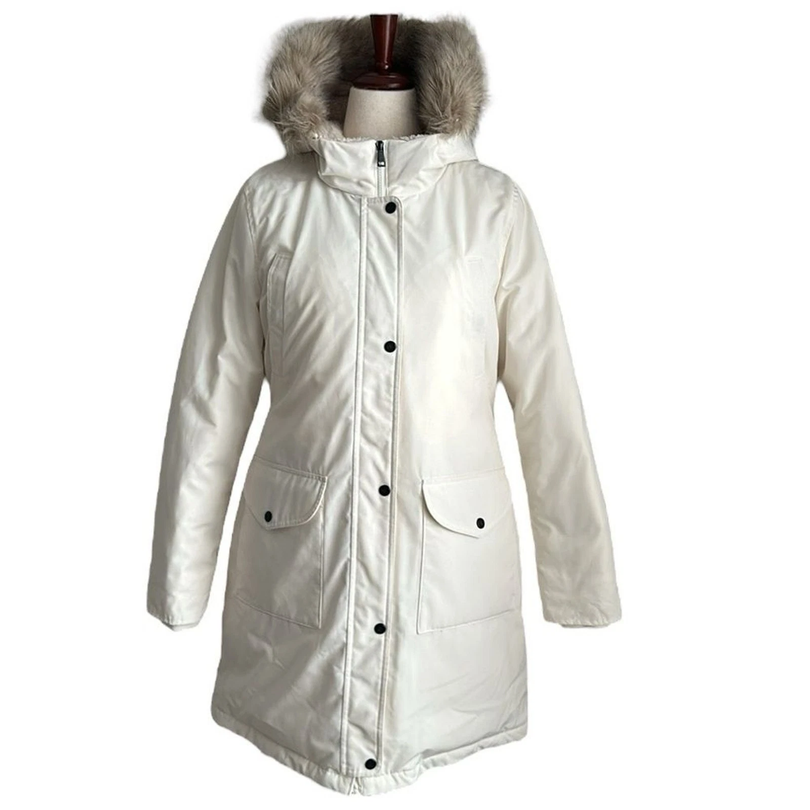 OFF WHITE Giacca parka donna RALPH LAUREN pelliccia sintetica orlo cappuccio bottoni e zip bianco taglia L