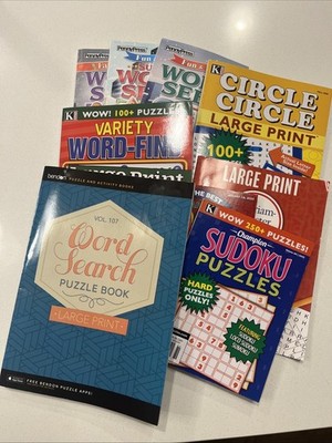 Puzzle Books, 4 Large Print Word Find, 2 Sudoku, 3 Penny Press Word Seek.