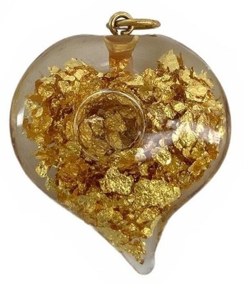 Vintage Glass Gold Leaf Mid Century Heart Pendant Gold Tone Small Charm Boho