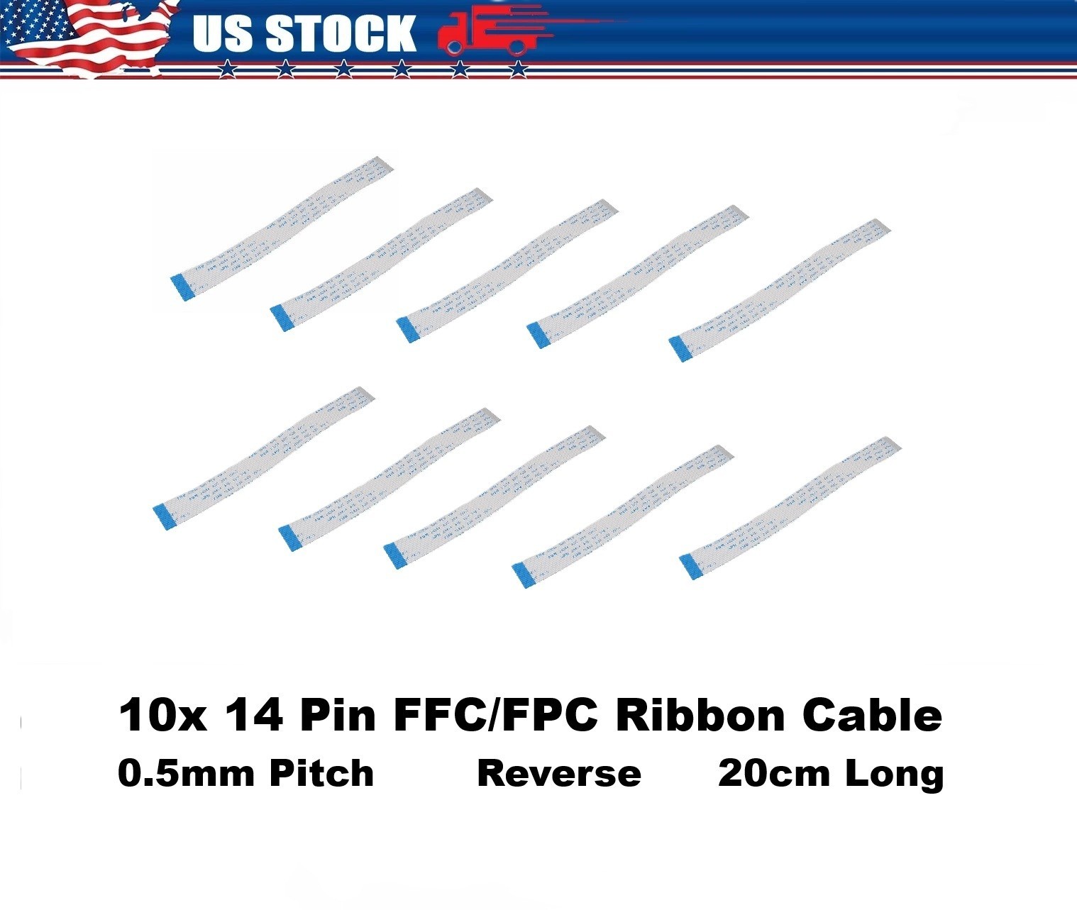 10x 14-Pin FFC/FPC Flat Flex Ribbon Cable 0.5mm Pitch Reverse Type 20cm Long