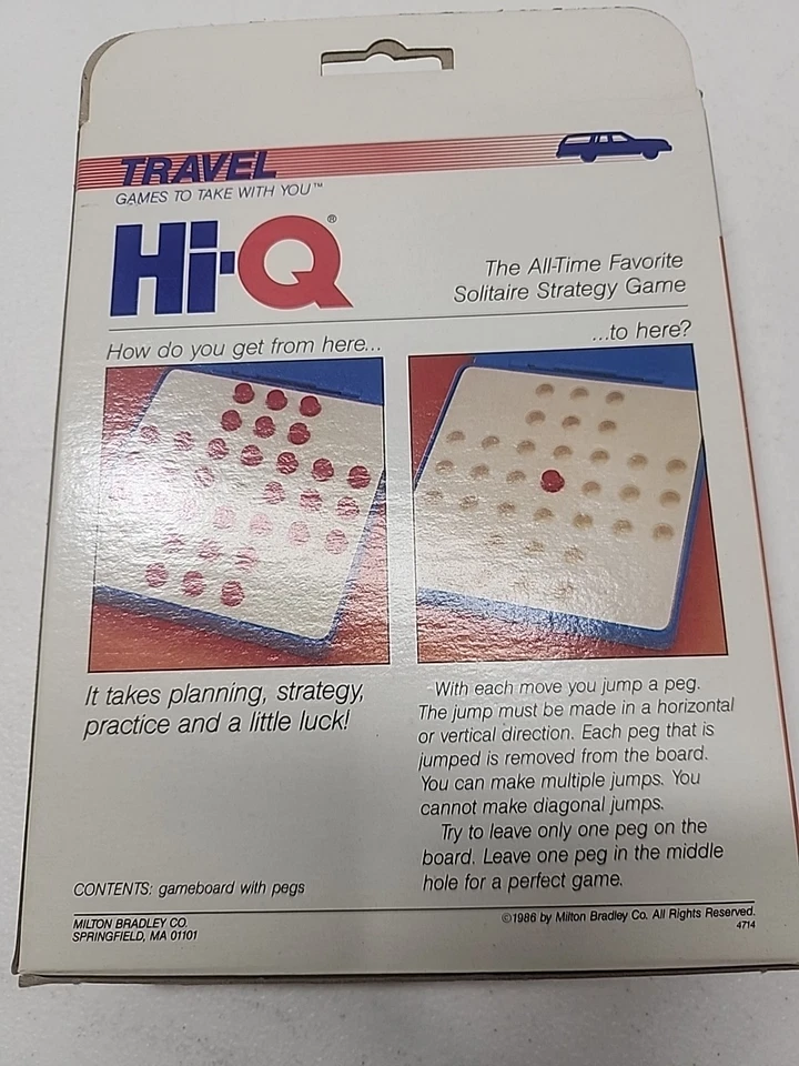 HI-Q Solitaire Strategy Travel Game Milton Bradley 4714 Complete Vintage 1986 - Image 2 of 2