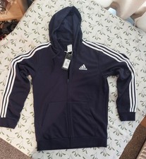 Adidas Essential Mens 3-Stripes Full Zip Black Hoodie French Terry BNWT UK Small