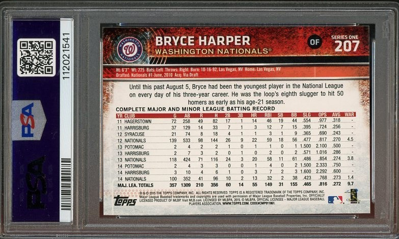 2015 Topps #207 Bryce Harper GEM-MT PSA 10 Washington Nationals 1541 view 2