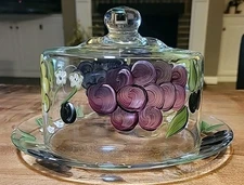 Vintage Clear Glass Round Cheese Dish With Lid & Hand Painted Grape Design