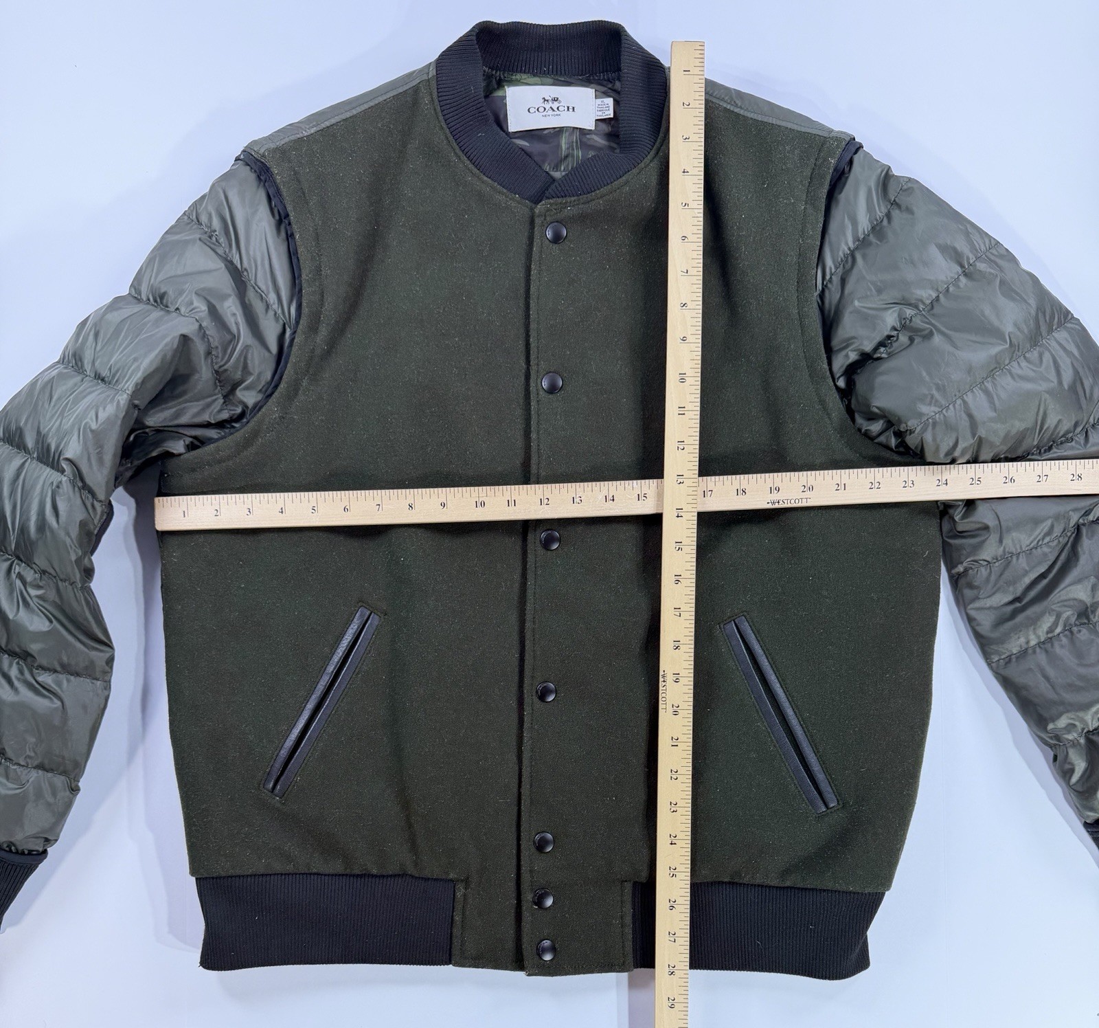 Coach Wool Down Varsity Jacket Green Leather Trim… - image 3