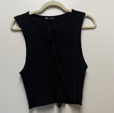 Zara Black Ribbed Tank Top with Open Tie Detailing