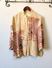 Citron Santa Monica Silk Boho Art To Wear Thousand Arms Print Casual Blouse Sz M