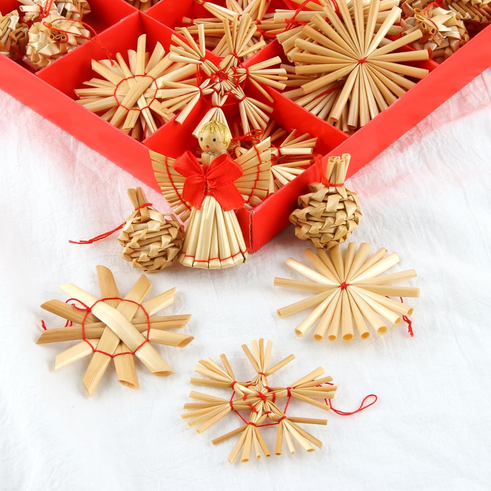 Anstore Set 38 Stelle Di Paglia Per Albero Di Natale – Decorazioni Naturali Con Fiocchi, 5-8 Cm, In Scatola Regalo