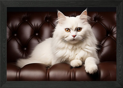 Elegante weiße Katze auf Ledercouch gerahmtes Wandbild Poster Leinwanddruck Bild
