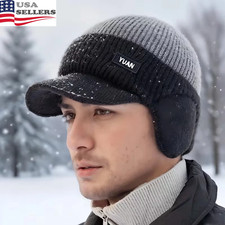 Warm Stretch Knitted Hat Winter Beanie with Brim and Ear Flaps Caps for Men USA