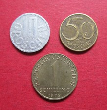 AUSTRIA THREE VINTAGE MIXED DATE 10 & 50 GROCHEN + 1 SCHILLING COLLECTABLE COINS