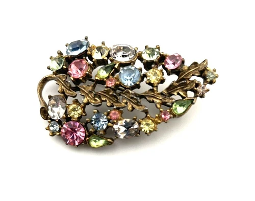 Vintage Signed Lisner Pastel  Rhinestone Pin Brooch Leaf Floral