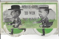 1908 HTF Mechanical Running Wheels Prez Campaign Postcard Bryan Ahead of Taft