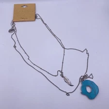 ZAD Layered Necklace Silver Chain Turquoise Stone Slice Feather Charm Boho New
