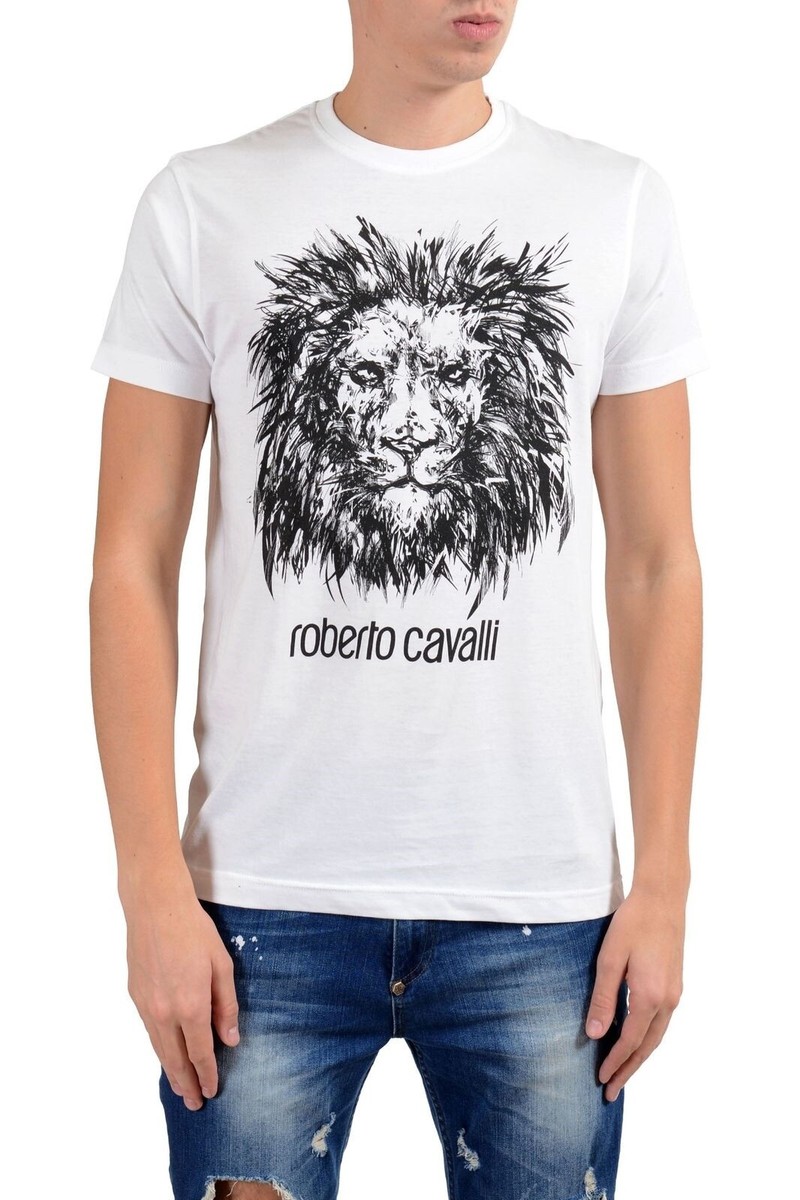 Roberto Cavalli Men's White Graphic Lion Crewneck T-Shirt