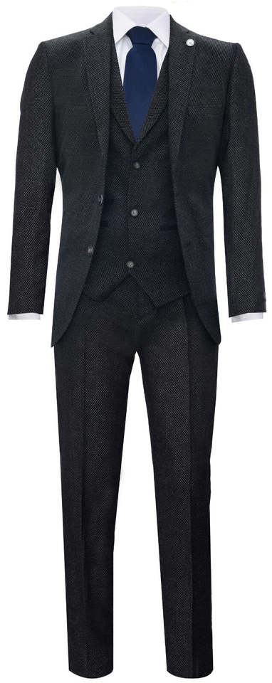 Mens Black 3 Piece Tweed Suit Herringbone Wool Vintage Retro Peaky Blinders - Image 2 of 4