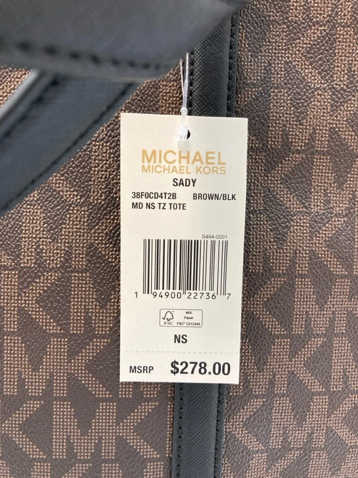 Bolso de Mano Michael Kors-Sady Logo TZ Cuero Guijarro Saffiano Negro Y Marrón Nuevo con Etiquetas Foto 3 de 4
