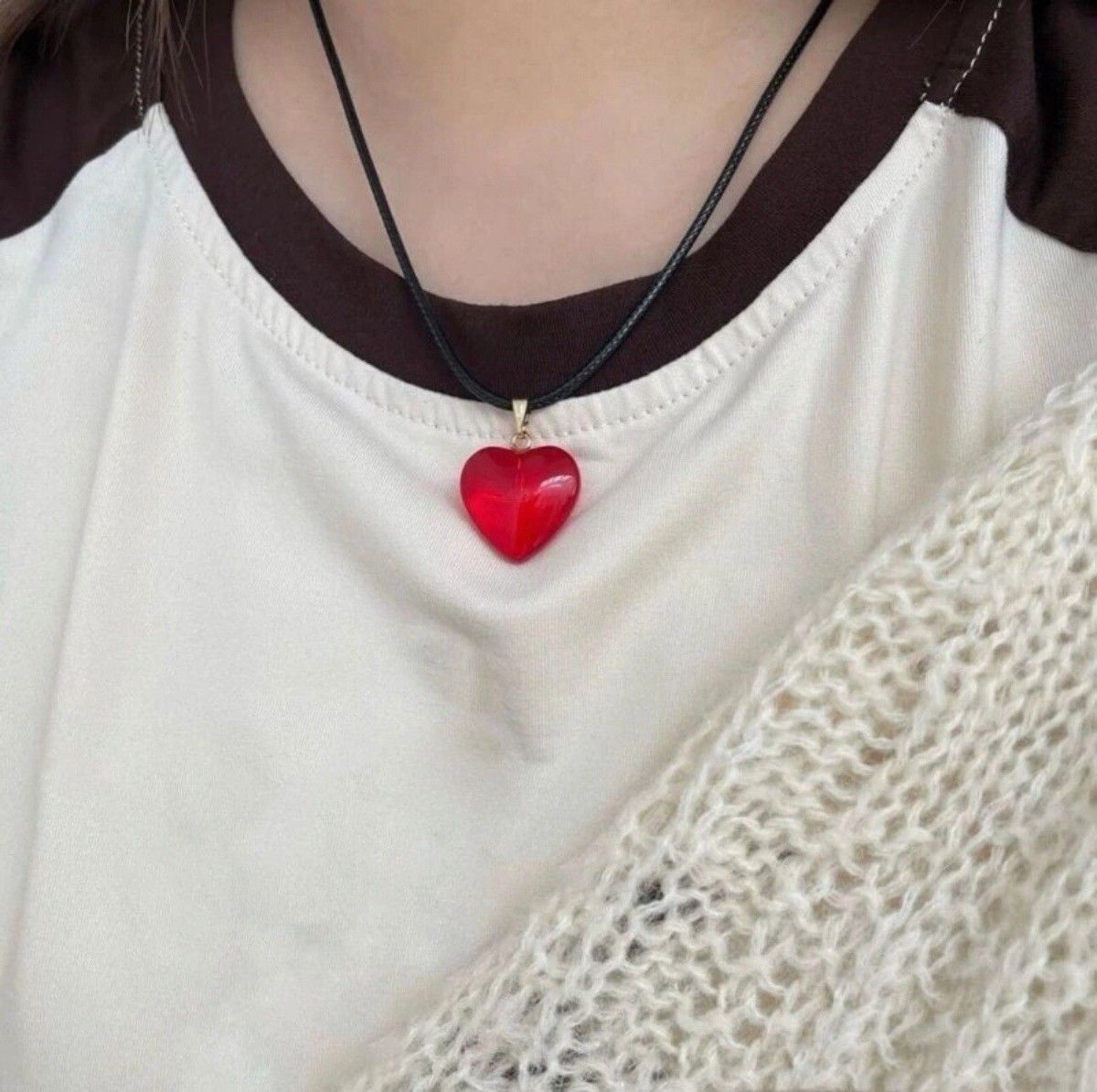 Heart Necklace Red Glass Crystal Pendant Charm Love Chunky 3D Y2K - Main Image