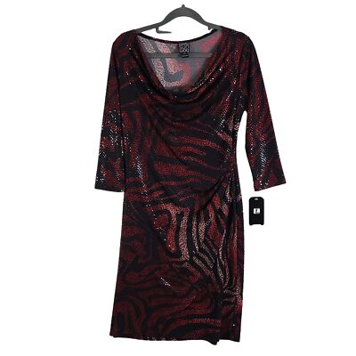 Clara Sun Woo Ruched 3/4 Sleeve Dress Black Red Animal Print Sequins Size XS NWT