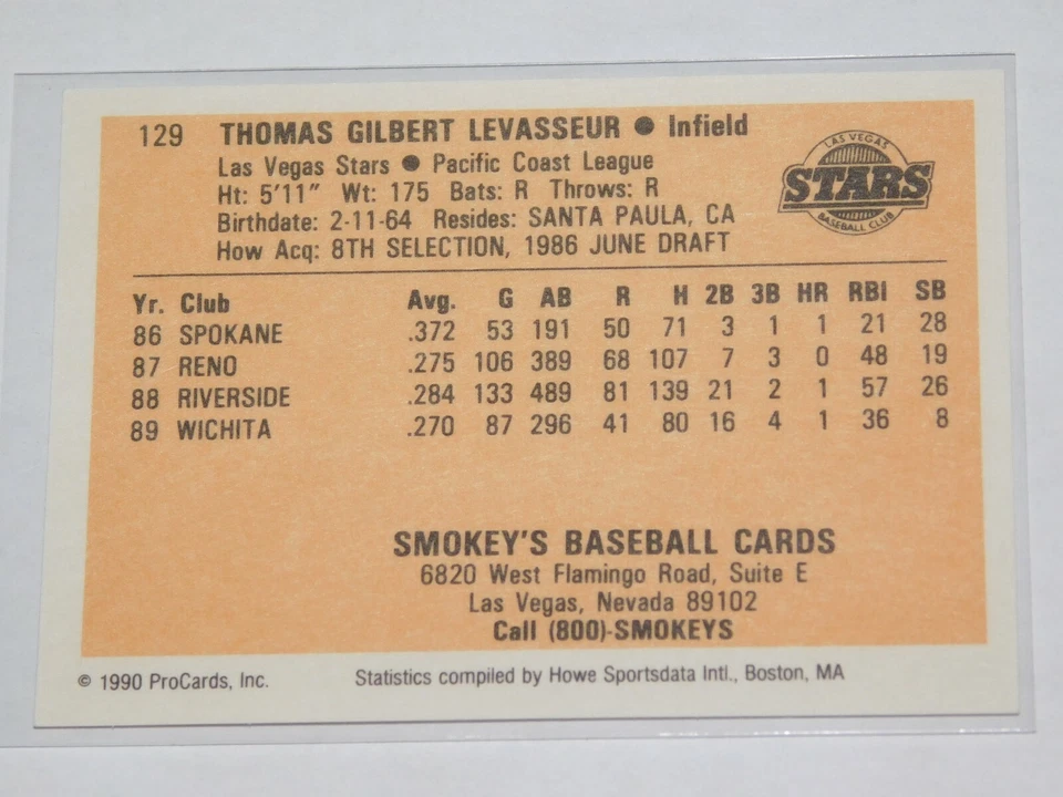 1990 PROCARDS LAS VEGAS STARS TOM LEVASSEUR CARD #129 - Image 2 of 2