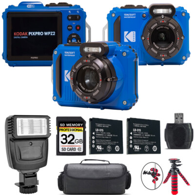 Kodak PIXPRO WPZ2 Digital Camera (Blue) + Extra Battery + Flash - 32GB Kit