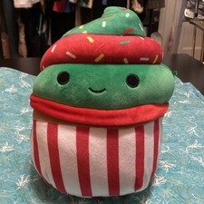 Squishmallows Plush Cupcake Green Red White Striped Stuffed Animal