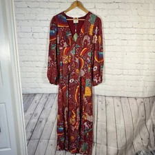 Farm Rio Burgundy Borogodo Maxi Dress Long Sleeve Beaded Button V-Neck 281668 S
