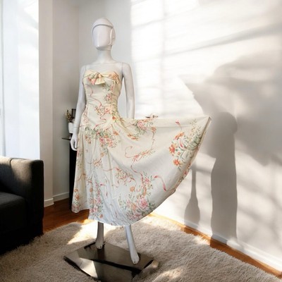 Vintage 80er creme bunt Blumen trägerlos Korsett Schleife A Linie Midikleid UK10