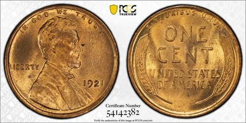 1921 Lincoln Wheat Penny Cent, PCGS MS-65 RD - Beautiful Red Cent!